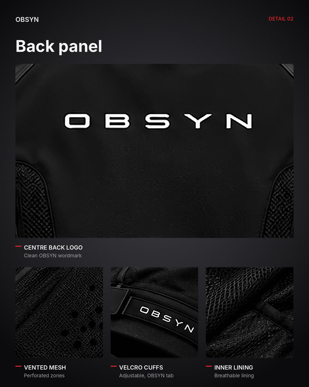 STORMSHELL back panel – OBSYN logo, vented mesh, velcro cuffs, inner lining