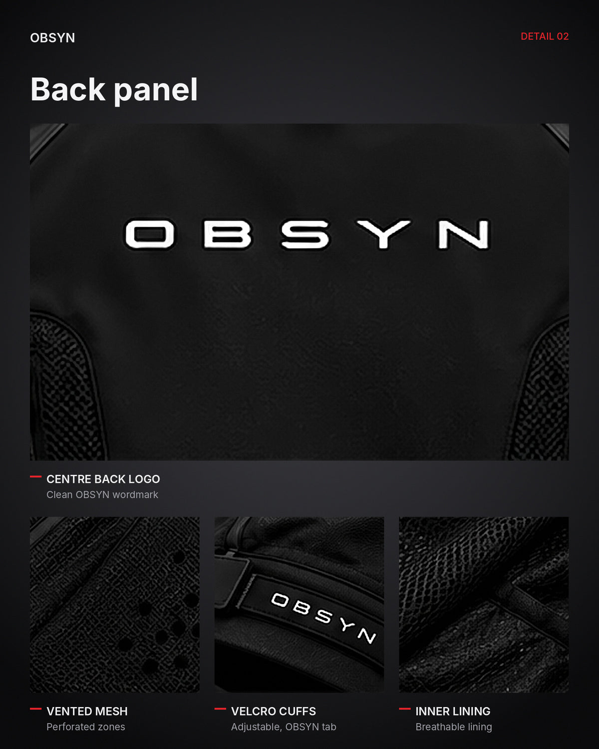 STORMSHELL back panel – OBSYN logo, vented mesh, velcro cuffs, inner lining