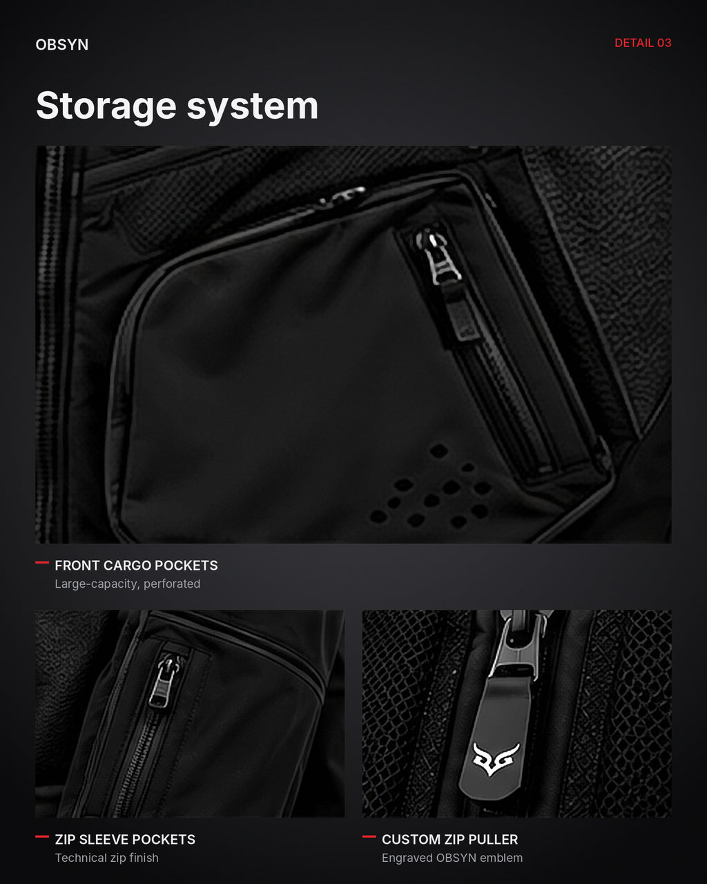 STORMSHELL storage system – cargo pockets, zip sleeve pockets, custom zip puller