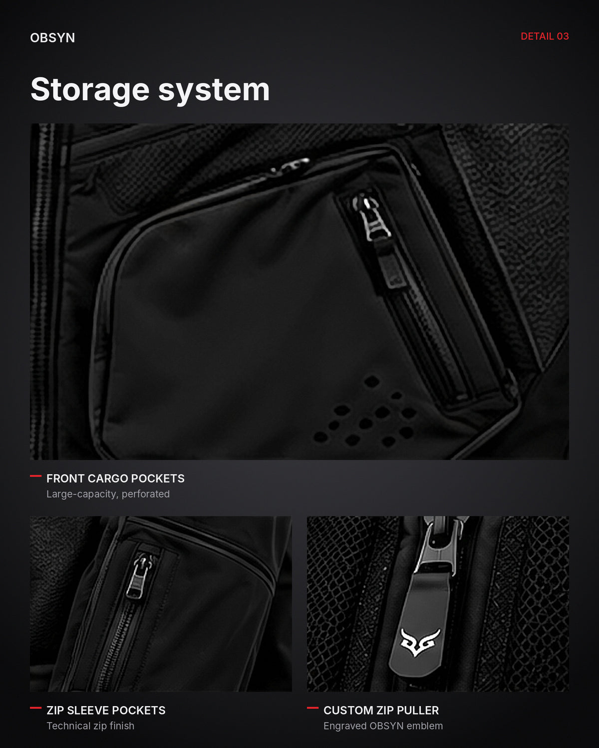 STORMSHELL storage system – cargo pockets, zip sleeve pockets, custom zip puller